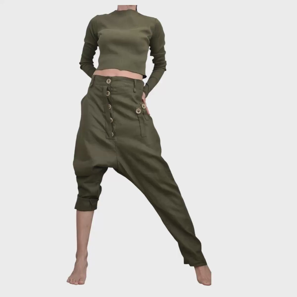 Military Green Linen Harem Pants for Women, Summer Designer Trousers