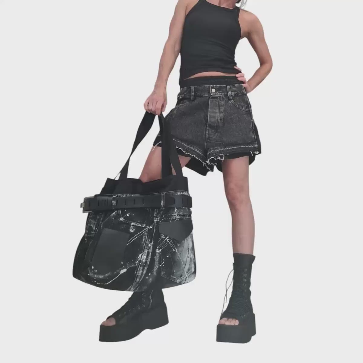 Handmade Oversized Denim Tote Bag, Avant-Garde Spray-Painted Jean Purse, Extravagant Designer Shoulder Bag