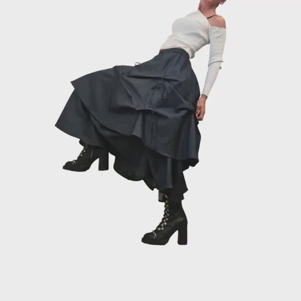 Asymmetric Denim Maxi Skirt, Adjustable Length, Avant Garde Handmade, Fashion for Women