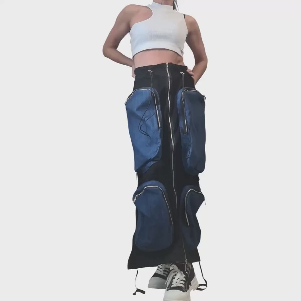 Black French Terry Maxi Skirt With Denim Cargo Pockets, Long Avant Garde Oversized Skirt