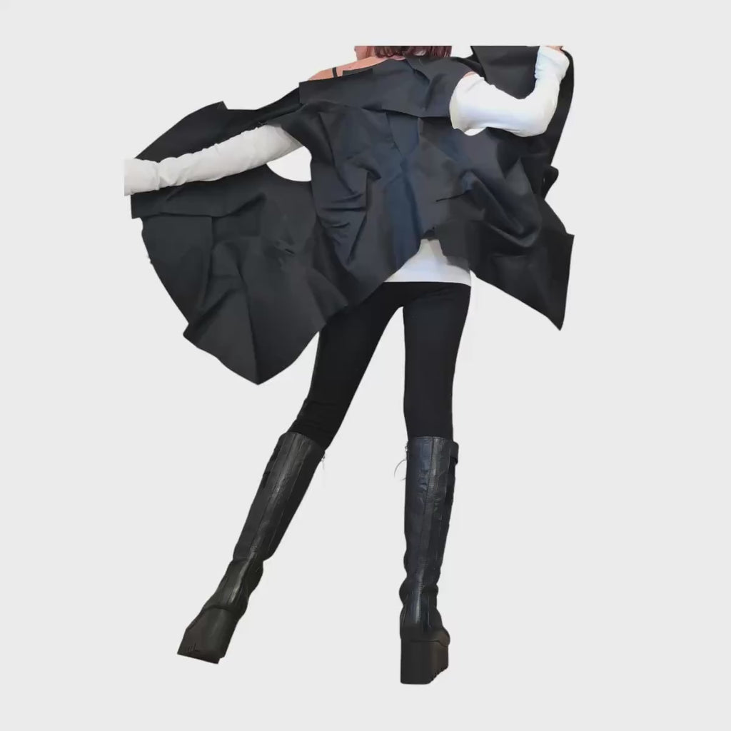 Extravagant Black Denim Vest, Gothic Asymmetric Sleeveless Vest, Designer Avant Garde Jacket