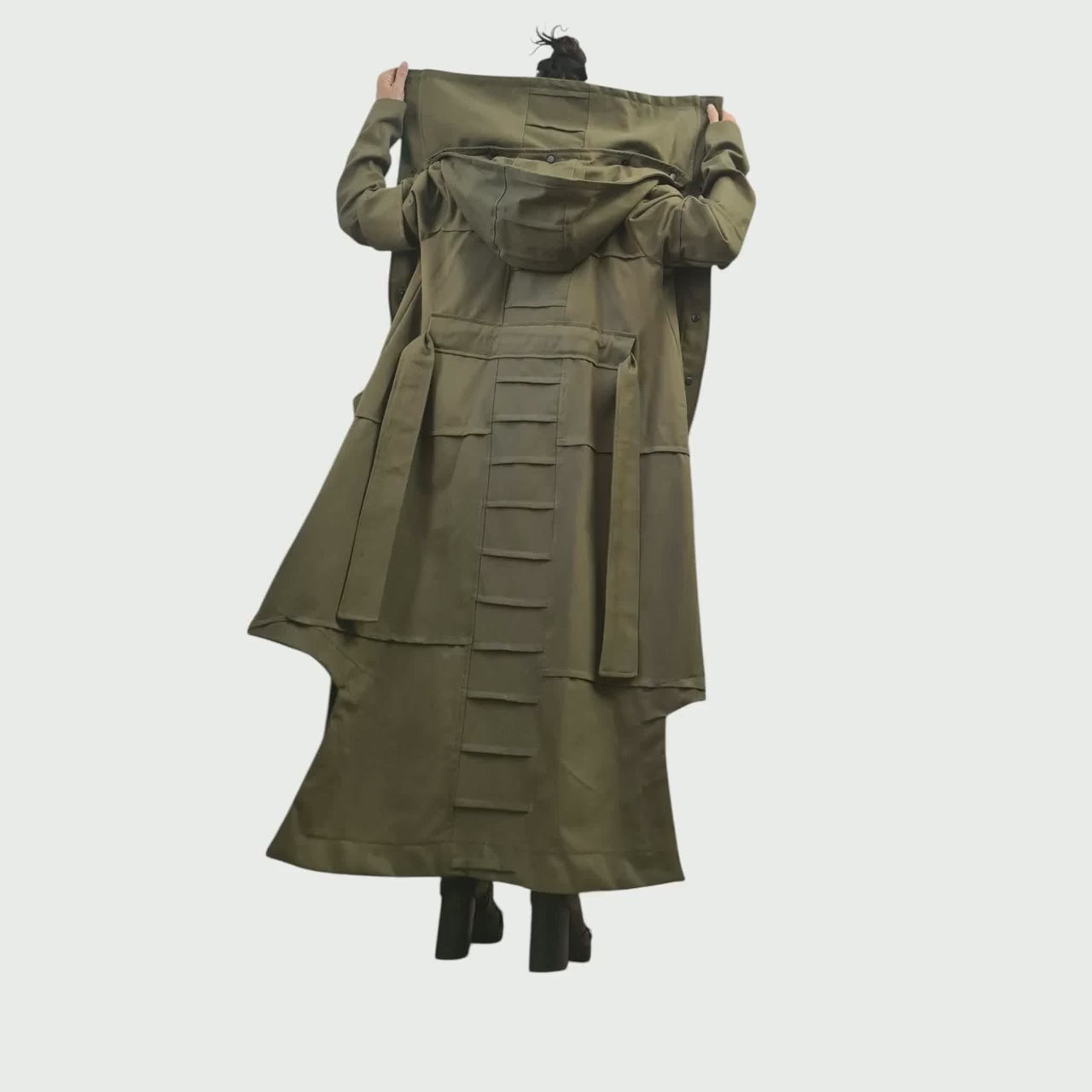 Military Green Denim Hooded Trench Coat, Asymmetrical Avant Garde Overcoat, Denim Outfit for Women